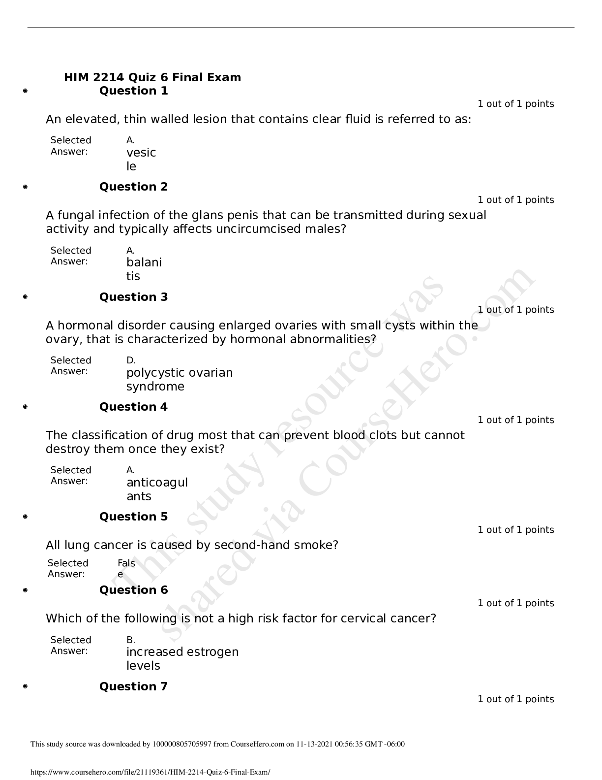 Preview image of HIM 2214 Quiz 6 Final Exam document